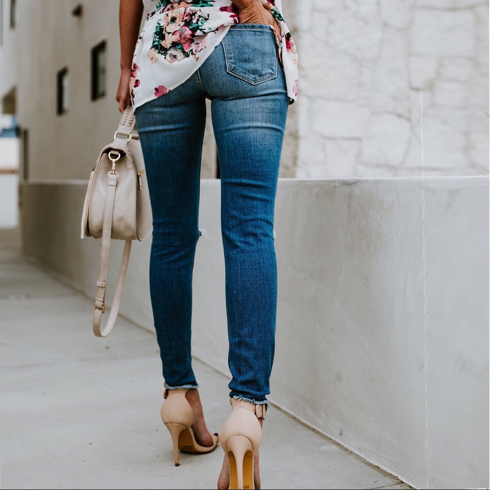 Distressed Denim Med Wash Ankle Skinny Jeans - Picture 7 of 10